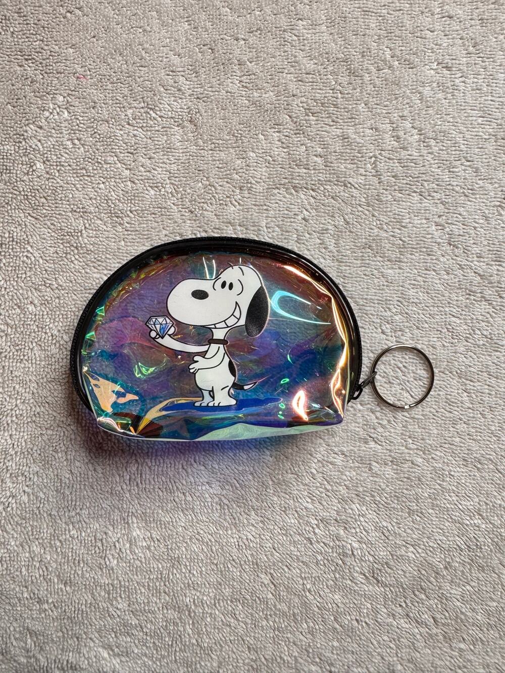 Snoopy peanuts with a diamond iridescent coin purse black zipper keychain